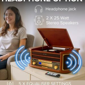 Denver 8-in-1 CD Cassette Player Retro Wooden Record Player HiFi System – 3 Speed Vinyl Turntable & Cassette With CD Player