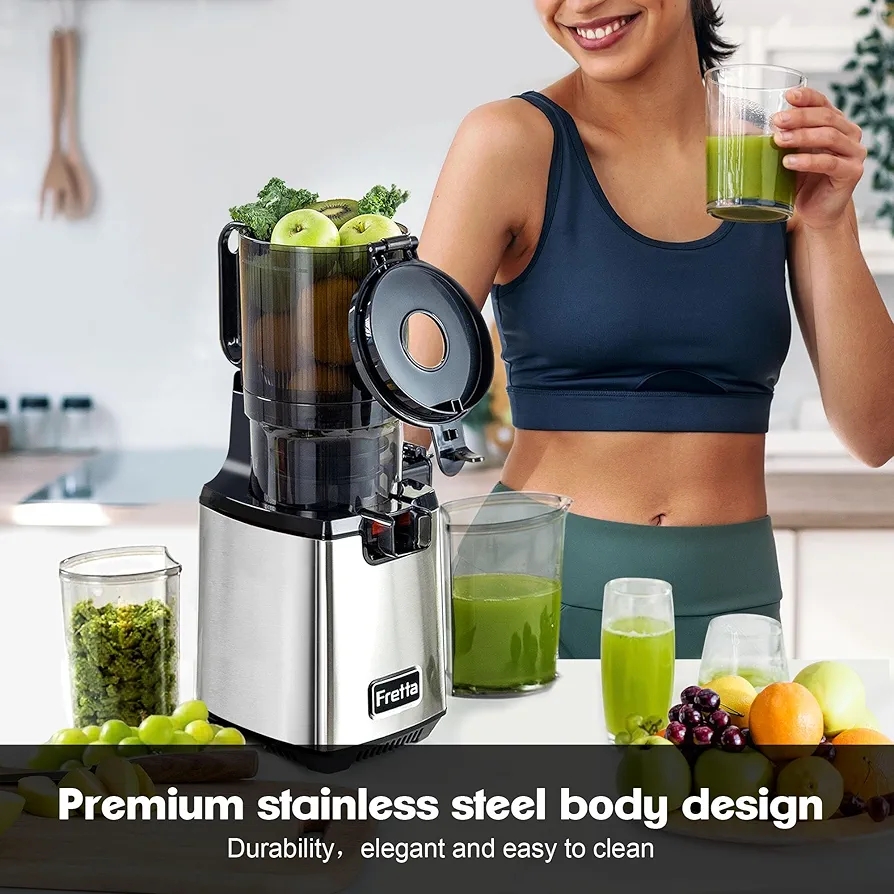 Fretta Cold Press Juicer,Juicer Machines Vegetable and Fruit,Masticating Juicer with 5.3'' Large Feed Chute fit Whole Fruits,BPA-Free, Reverse Function,Durable Stainless Steel Body,250W Quiet Motor - Image 6