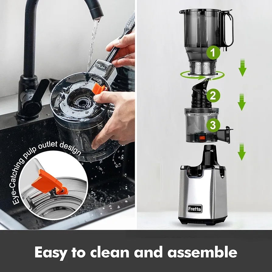 Fretta Cold Press Juicer,Juicer Machines Vegetable and Fruit,Masticating Juicer with 5.3'' Large Feed Chute fit Whole Fruits,BPA-Free, Reverse Function,Durable Stainless Steel Body,250W Quiet Motor - Image 9