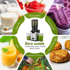 Fretta Cold Press Juicer,Juicer Machines Vegetable and Fruit,Masticating Juicer with 5.3'' Large Feed Chute fit Whole Fruits,BPA-Free, Reverse Function,Durable Stainless Steel Body,250W Quiet Motor