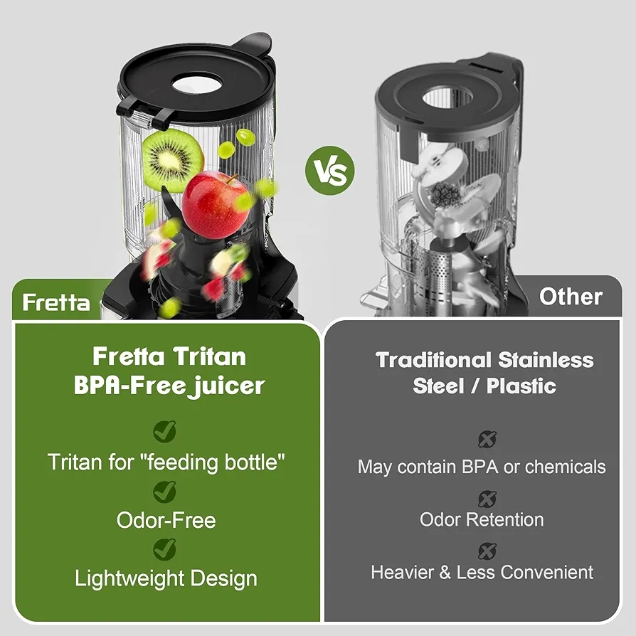 Fretta Cold Press Juicer,Juicer Machines Vegetable and Fruit,Masticating Juicer with 5.3'' Large Feed Chute fit Whole Fruits,BPA-Free, Reverse Function,Durable Stainless Steel Body,250W Quiet Motor - Image 3