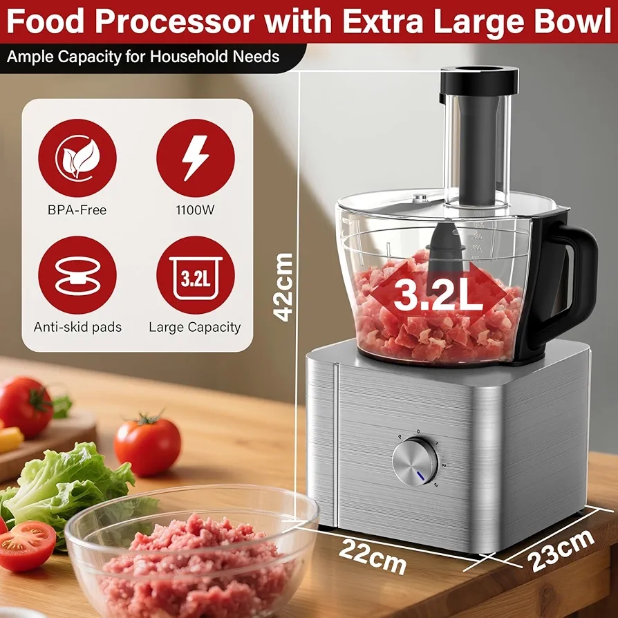 1100W Food Processor Multifunction 3.2+1.5L Electric Chopper Juicer Mixer Sliver - Image 4