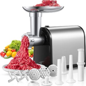 FOHERE Electric Meat Grinder, 3-in-1 Meat Mincer Machine & Sausage Stuffer, Stainless Steel Meat Mincers for Home use with 3 Grinding Plates, Kubbe Kit & 3 Sausage Stuffer Tubes, 3000W Max
