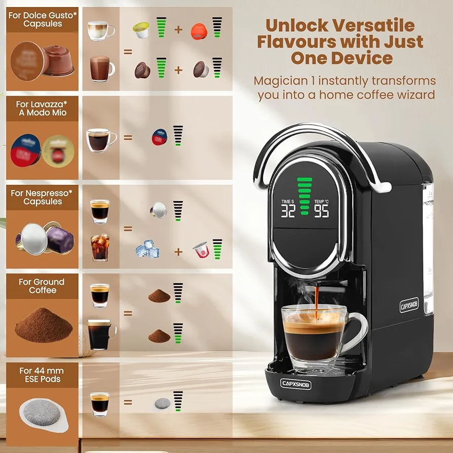 Magician1 Mini Espresso Machine for Nespresso Original, Dolce Gusto, Lavazza Blue, ESE Pod & Ground, 19-Bar Coffee Machine, Hot/Cold Brew Espresso Maker, Adjustable Temp & Cup Size, 21oz Reservoir - Image 2