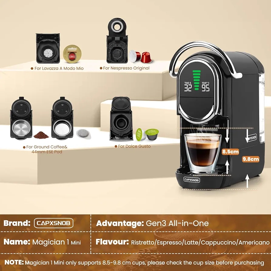Magician1 Mini Espresso Machine for Nespresso Original, Dolce Gusto, Lavazza Blue, ESE Pod & Ground, 19-Bar Coffee Machine, Hot/Cold Brew Espresso Maker, Adjustable Temp & Cup Size, 21oz Reservoir - Image 7