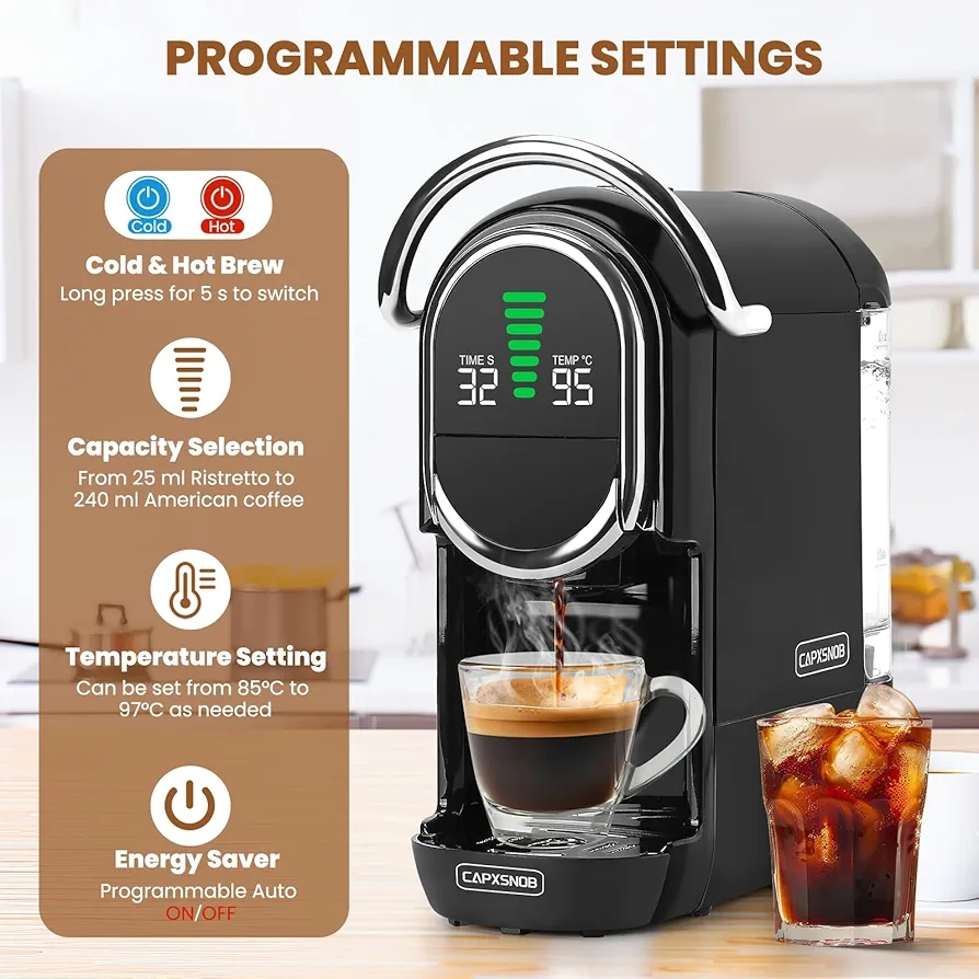 Magician1 Mini Espresso Machine for Nespresso Original, Dolce Gusto, Lavazza Blue, ESE Pod & Ground, 19-Bar Coffee Machine, Hot/Cold Brew Espresso Maker, Adjustable Temp & Cup Size, 21oz Reservoir - Image 5