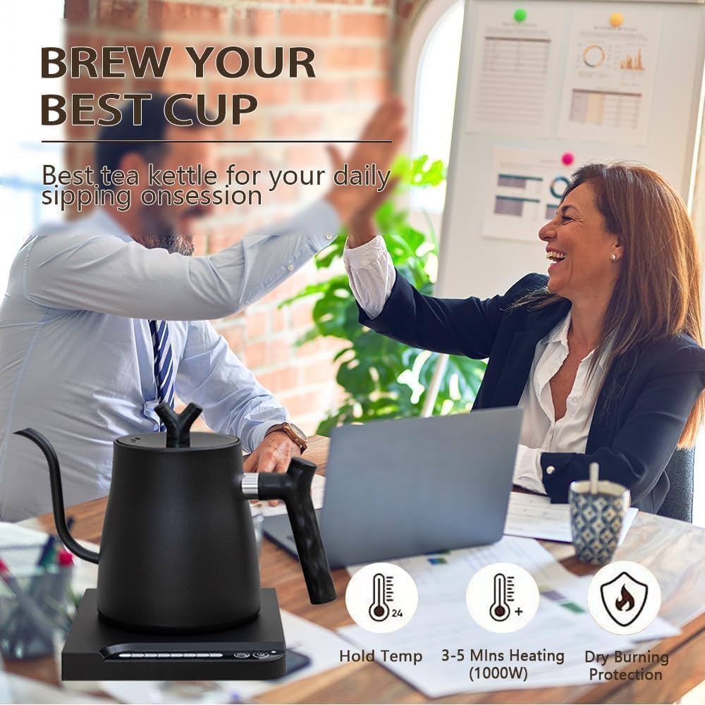 Electric Gooseneck Kettle, 1L Stainless Steel Electric Water Kettle & Coffee Kettle with Temperature Indicate, Constant Temperature, Auto Shut Off, Touch Screen Panel, 1000W Quick Heating