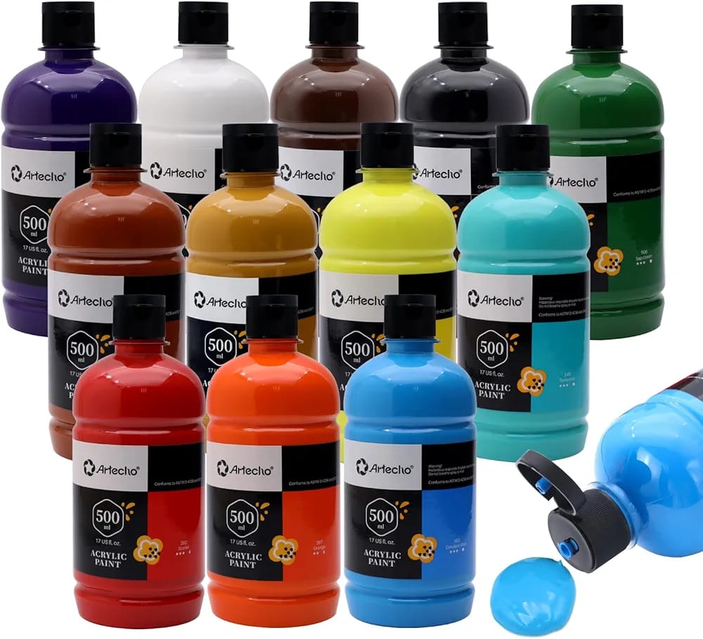 12 Colours Acrylic Pigment: This craft paint set includes 12 assorted, vivid colours in 16.9 ounce / 500ml bottles