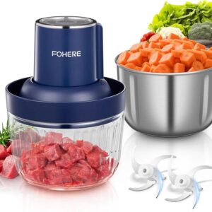 FOHERE Food Processors, Electric Food Chopper with Meat Grinder & Vegetable Chopper with 2 Bowls (8 Cup+7 Cup), 2 Sets of Bi-Level Blades for Fruits/Meat/Nuts/Baby Food, Blue.