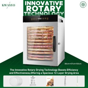 Kwasyo 12 Trays Stainless Steel Rotate Food Dehydrator, Dual fan 720° Efficient Drying, 24H Adjustable Timer & 30-90℃ Temperature Control, Dehydrator Food Dyer uk for meat fruit, 1000W