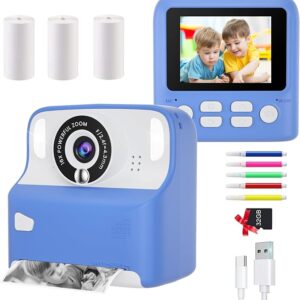 Kids Camera Instant Print for Boys, Digital Camera with 3 Rolls Print Paper & 32G TF Card, Selfie Video Camera with Color Pens for DIY, Christmas Birthday Gift for 3-12 Years Old Kids