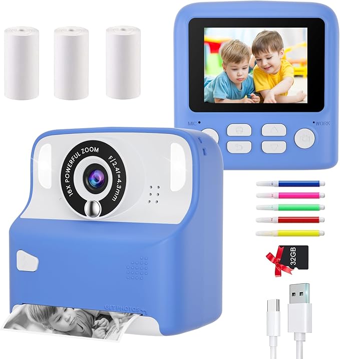 Kids Camera Instant Print for Boys, Digital Camera with 3 Rolls Print Paper & 32G TF Card, Selfie Video Camera with Color Pens for DIY, Christmas Birthday Gift for 3-12 Years Old Kids