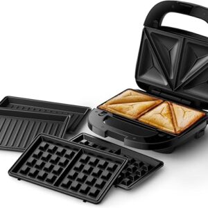 Philips Sandwich Maker Series 5000-3 Plate Sets for Paninis, Sandwiches and Waffles, Non-Stick Grill Plates, Cut and Seal, 750W Power, Black