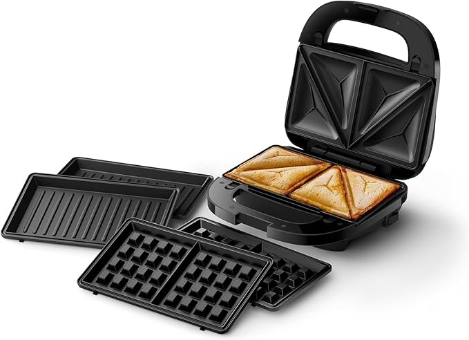 Philips Sandwich Maker Series 5000-3 Plate Sets for Paninis, Sandwiches and Waffles, Non-Stick Grill Plates, Cut and Seal, 750W Power, Black