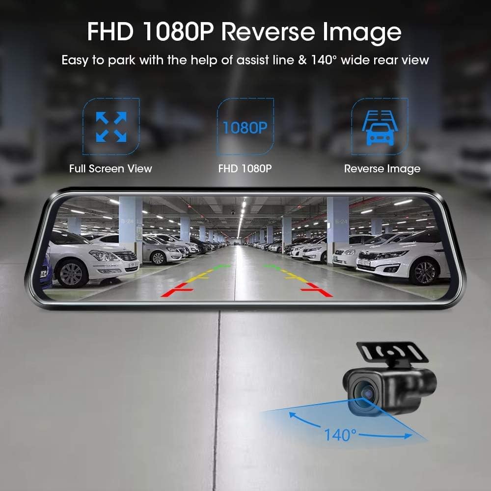 10'' Mirror Dash Cam Night Vision 1080P FHD Full Touch Screen Front and Rear View Backup Camera for Cars Loop Recording Streaming Media 170°Wide Angle Parking Assistance with 10 Meters Cable - Image 5