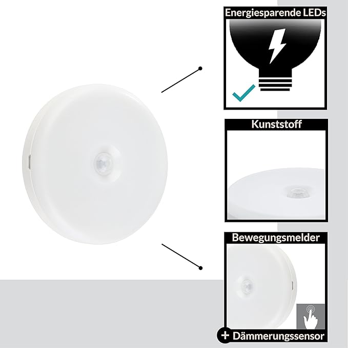 LED Night Light Cascia, Set of 2 Portable wall Lights with Motion Detector and Twilight Sensor, Battery Powered Warm White Hallway, Bedroom and Children’s Room lamp, IP40 - Image 5