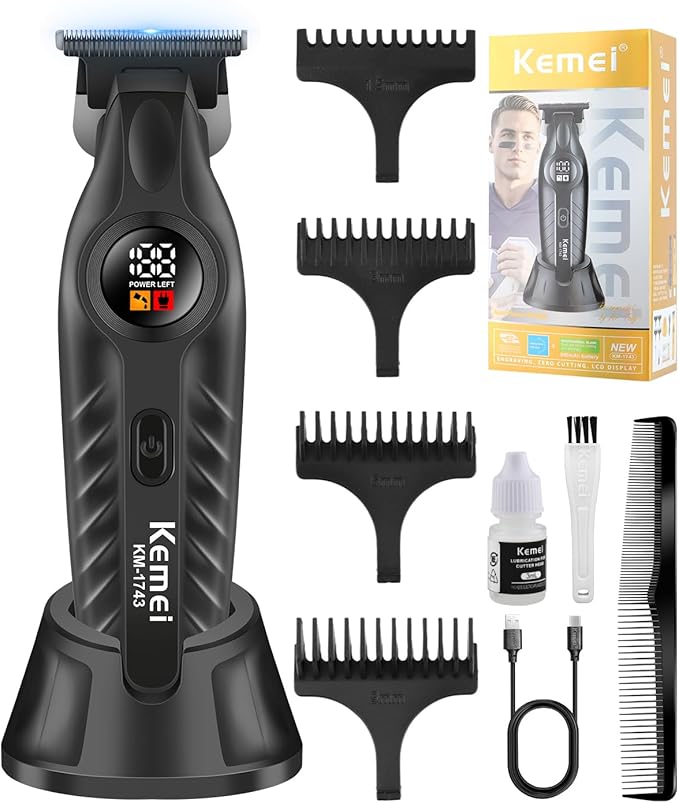KEMEI 1743 Professional Hair Clippers for Men, Cordless Beard Trimmer, Electric T-Blade Zero Gap Hair Trimmer, USB Rechargeable with 4 Guide Combs