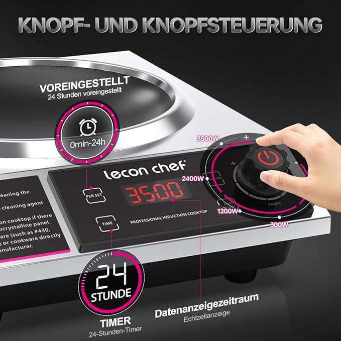 Induction Hob with Wok, 3500 W Single Induction Hob, Hot Plates, 60 kg Load Capacity, Timer and Preset, 11 Temperature and Power Settings - Image 3