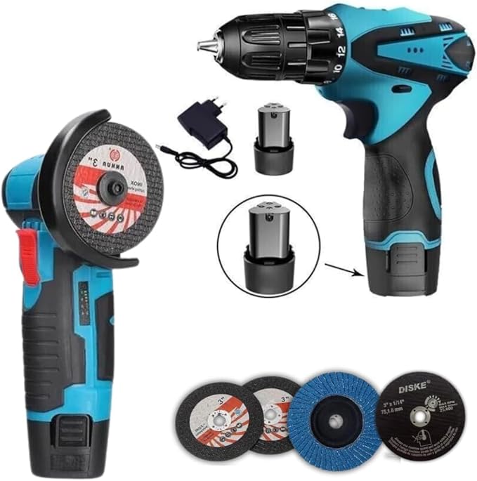 Cordless Drill, Mini Angle Grinder, Flexible Electric Cutter with 4 Discs 2 48v Batteries and Charger, Complete Set