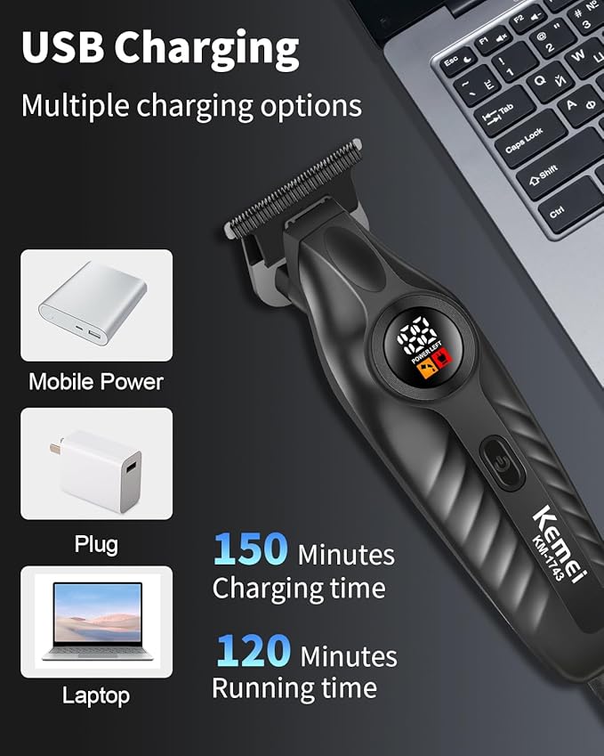 KEMEI 1743 Professional Hair Clippers for Men, Cordless Beard Trimmer, Electric T-Blade Zero Gap Hair Trimmer, USB Rechargeable with 4 Guide Combs - Image 9