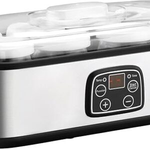 HOMCOM Yoghurt Maker Greek Yoghurt Machine with Lid, 8 BPA-Free Glass Inner Containers of 180 ml, Yoghurt Maker with LCD Display Timer, for up to 1.4 Litres Yoghurt 25 W, Silver
