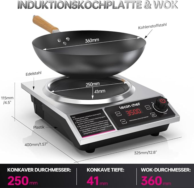 Induction Hob with Wok, 3500 W Single Induction Hob, Hot Plates, 60 kg Load Capacity, Timer and Preset, 11 Temperature and Power Settings - Image 2