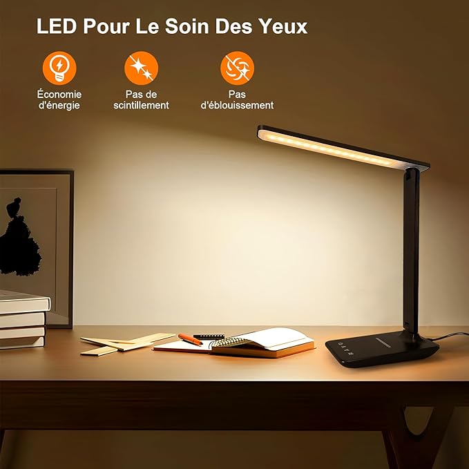 LED Desk Lamp, Foldable Dimmable Bedside Lamp with 5 Colour Modes and 5 Brightness Levels, USB Charging Port, for Reading Work (Black-Pro) - Image 9