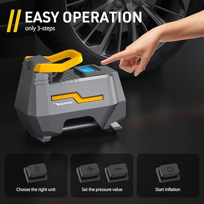 VEEAPE Air Compressor, 220 V 12 V 150 PSI AC DC Dual Power Supply Car Tire Pump for Bicycle Motorcycle Ball with LED Light Adapter Kit Nozzle Presta Valve Cables - Image 5
