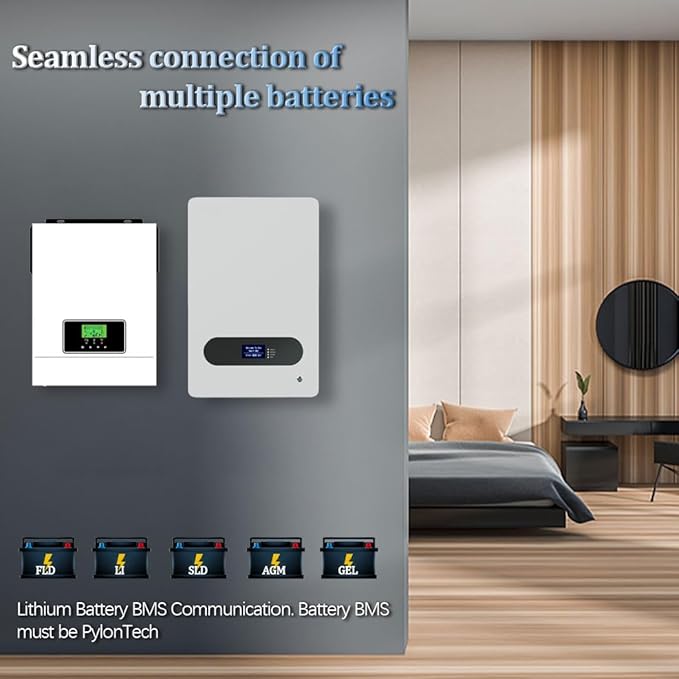 Y&H 2200 W Solar Hybrid Inverter DC12 V to AC230 V, Off-Grid Pure Sine Wave Inverter with 80 A MPPT Solar Charger + AC Charger, Max PV 2000 W DC55-450 V Input, Suitable for 12 V Battery - Image 3