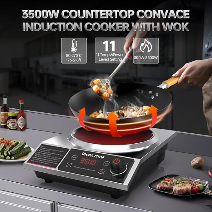 Induction Hob with Wok, 3500 W Single Induction Hob, Hot Plates, 60 kg Load Capacity, Timer and Preset, 11 Temperature and Power Settings - Image 4