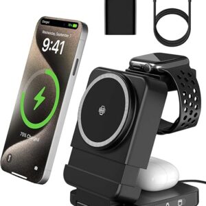 3 in 1 Foldable Wireless Charger, 15W Magnetic Charger Stand for iPhone & Samsung, Apple Watch & Galaxy Watch, AirPods & Galaxy Buds, Travel-Friendly, 25W PD Adapter Included
