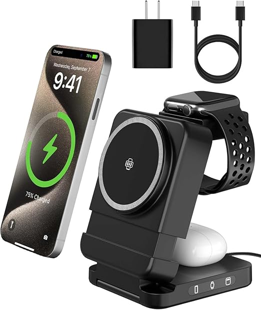 3 in 1 Foldable Wireless Charger, 15W Magnetic Charger Stand for iPhone & Samsung, Apple Watch & Galaxy Watch, AirPods & Galaxy Buds, Travel-Friendly, 25W PD Adapter Included