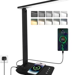 LED Desk Lamp, Foldable Dimmable Bedside Lamp with 5 Colour Modes and 5 Brightness Levels, USB Charging Port, for Reading Work (Black-Pro)