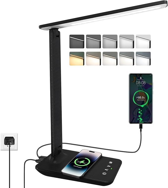 LED Desk Lamp, Foldable Dimmable Bedside Lamp with 5 Colour Modes and 5 Brightness Levels, USB Charging Port, for Reading Work (Black-Pro)
