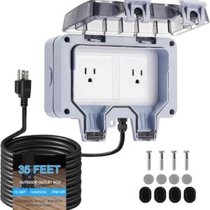 Outdoor Electrical Outlet Box w/ 35ft Extension Cord, NEMA 5-15R Outdoor Power Strip Weatherproof, STW 14 AWG, IP66 Waterproof Wall Power Socket with Cover, 2 Inch Deep, WRTR