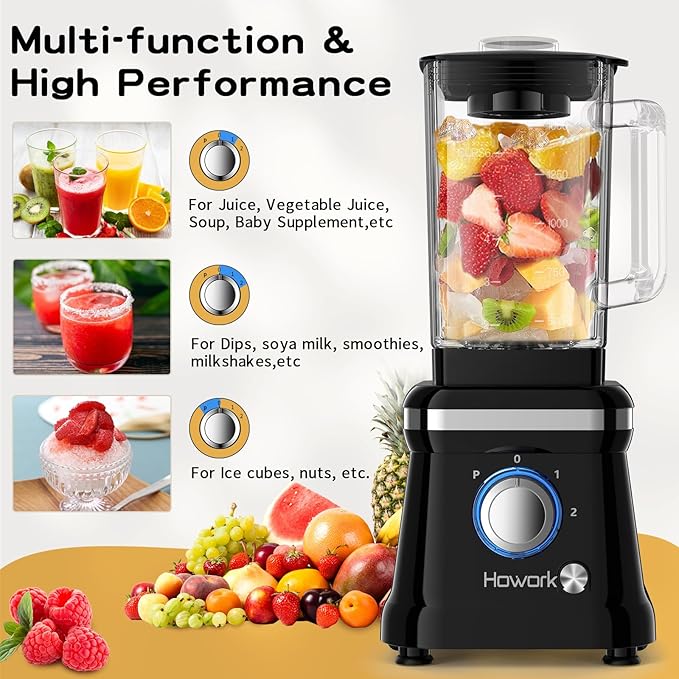 Howork Blender Electric Blender 1200W with Glass Container 1.6L 2 Speeds + Pulse Function 6 Stainless Steel Knives - Image 3