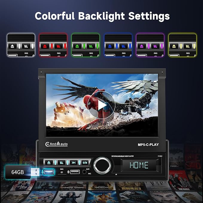 Hodozzy Car Stereo Single Din Automatic Flip Out with Wireless CarPlay Android Auto, 7 Inch Touch Screen Car Radio with Bluetooth 1 Din Mirror Link, EQ SWC, USB/AUX MIC, FM/RDS Radio+ Reversing Camera - Image 4