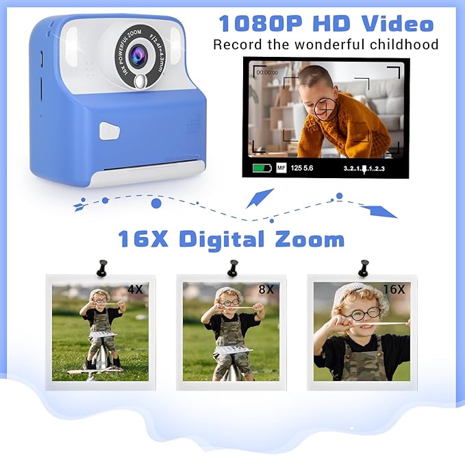 Kids Camera Instant Print for Boys, Digital Camera with 3 Rolls Print Paper & 32G TF Card, Selfie Video Camera with Color Pens for DIY, Christmas Birthday Gift for 3-12 Years Old Kids - Image 4