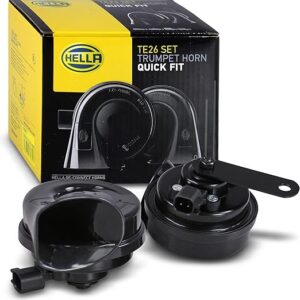 HELLA Trumpet Horn - OE-CONNECT HORN TE26 SET - 12V - 110dB(A) - Frequency range from: 400Hz - Frequency range to: 500Hz - Low Tone/High Tone - Electric - Plug: Ford - Quantity - 3FH 012 010-081