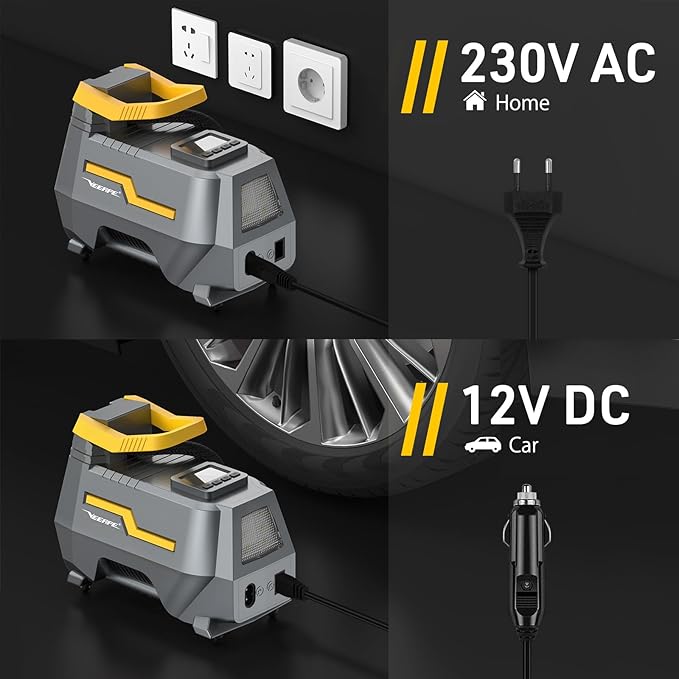VEEAPE Air Compressor, 220 V 12 V 150 PSI AC DC Dual Power Supply Car Tire Pump for Bicycle Motorcycle Ball with LED Light Adapter Kit Nozzle Presta Valve Cables - Image 10
