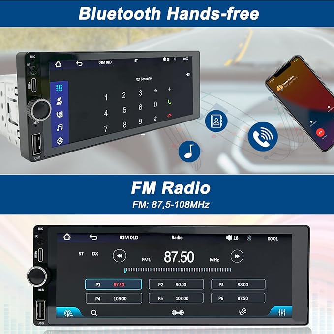 Wireless Car Radio CarPlay 1 DIN - 6.86 Inch Touch Screen Stereo Bluetooth Car Radio with Screen, Radio 1 Din Car Play Supports Mirror Link with Camera, RDS FM Radio/Type-C Recharge/Mic/SWC - Image 4