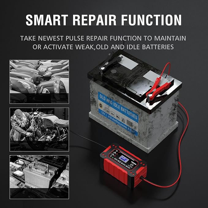 12V 6A Car Battery Charger, Automatic Smart Battery Charger/Maintainer with Temperature Compensation, Car Battery Repair and Desulfator for Car, Motorcycle, SUV, Lithium Batteries & AGM - Image 6