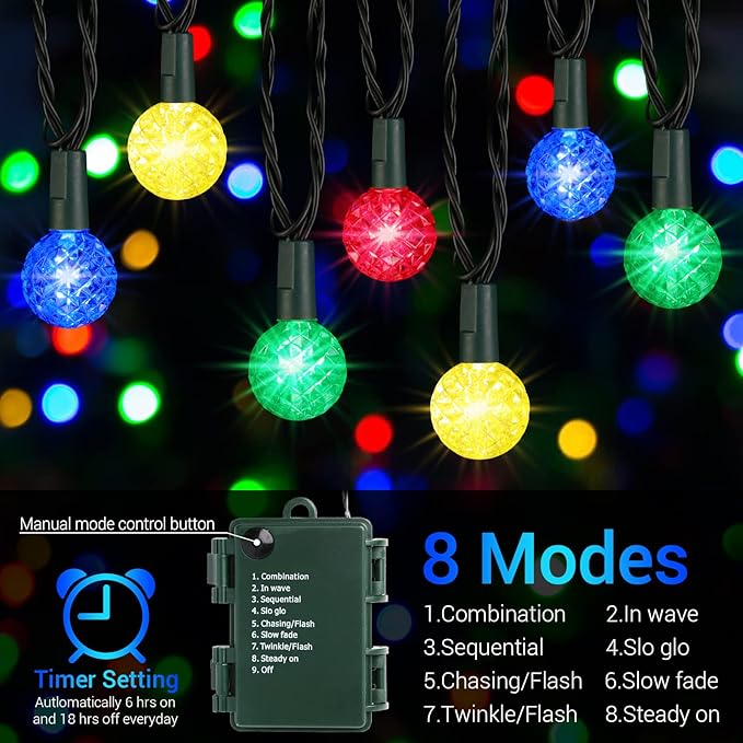 Extrastar Globe String Lights Battery Operated 8 Modes Colorful LED Outdoor String Lights, 34ft 100 LEDs Waterproof Ball Fairy Lights for Outdoor Indoor Holiday Wedding Party Garden Decoration - Image 8