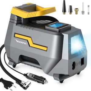 VEEAPE Air Compressor, 220 V 12 V 150 PSI AC DC Dual Power Supply Car Tire Pump for Bicycle Motorcycle Ball with LED Light Adapter Kit Nozzle Presta Valve Cables