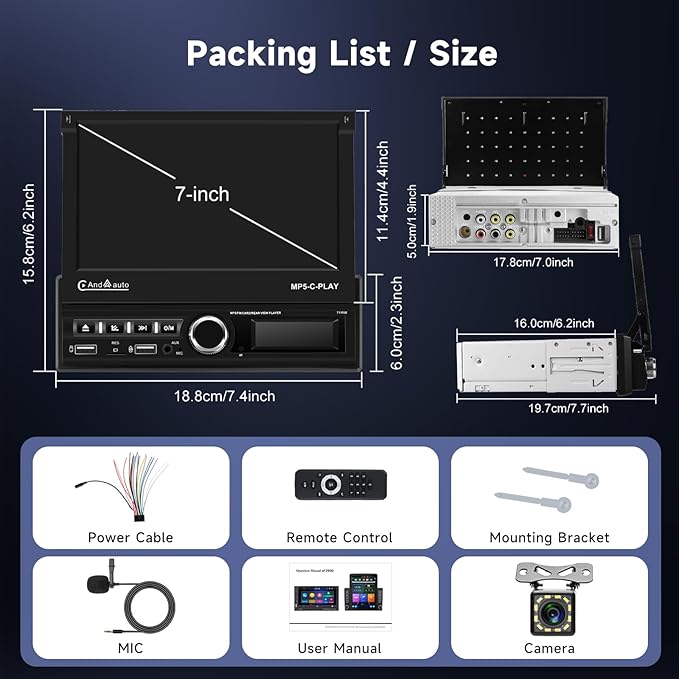 Hodozzy Car Stereo Single Din Automatic Flip Out with Wireless CarPlay Android Auto, 7 Inch Touch Screen Car Radio with Bluetooth 1 Din Mirror Link, EQ SWC, USB/AUX MIC, FM/RDS Radio+ Reversing Camera - Image 6