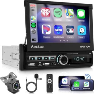 Hodozzy Car Stereo Single Din Automatic Flip Out with Wireless CarPlay Android Auto, 7 Inch Touch Screen Car Radio with Bluetooth 1 Din Mirror Link, EQ SWC, USB/AUX MIC, FM/RDS Radio+ Reversing Camera
