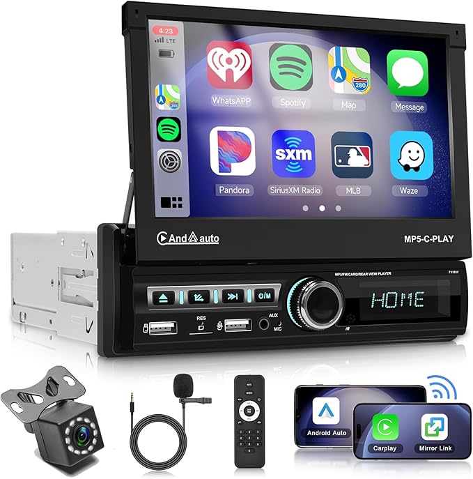 Hodozzy Car Stereo Single Din Automatic Flip Out with Wireless CarPlay Android Auto, 7 Inch Touch Screen Car Radio with Bluetooth 1 Din Mirror Link, EQ SWC, USB/AUX MIC, FM/RDS Radio+ Reversing Camera