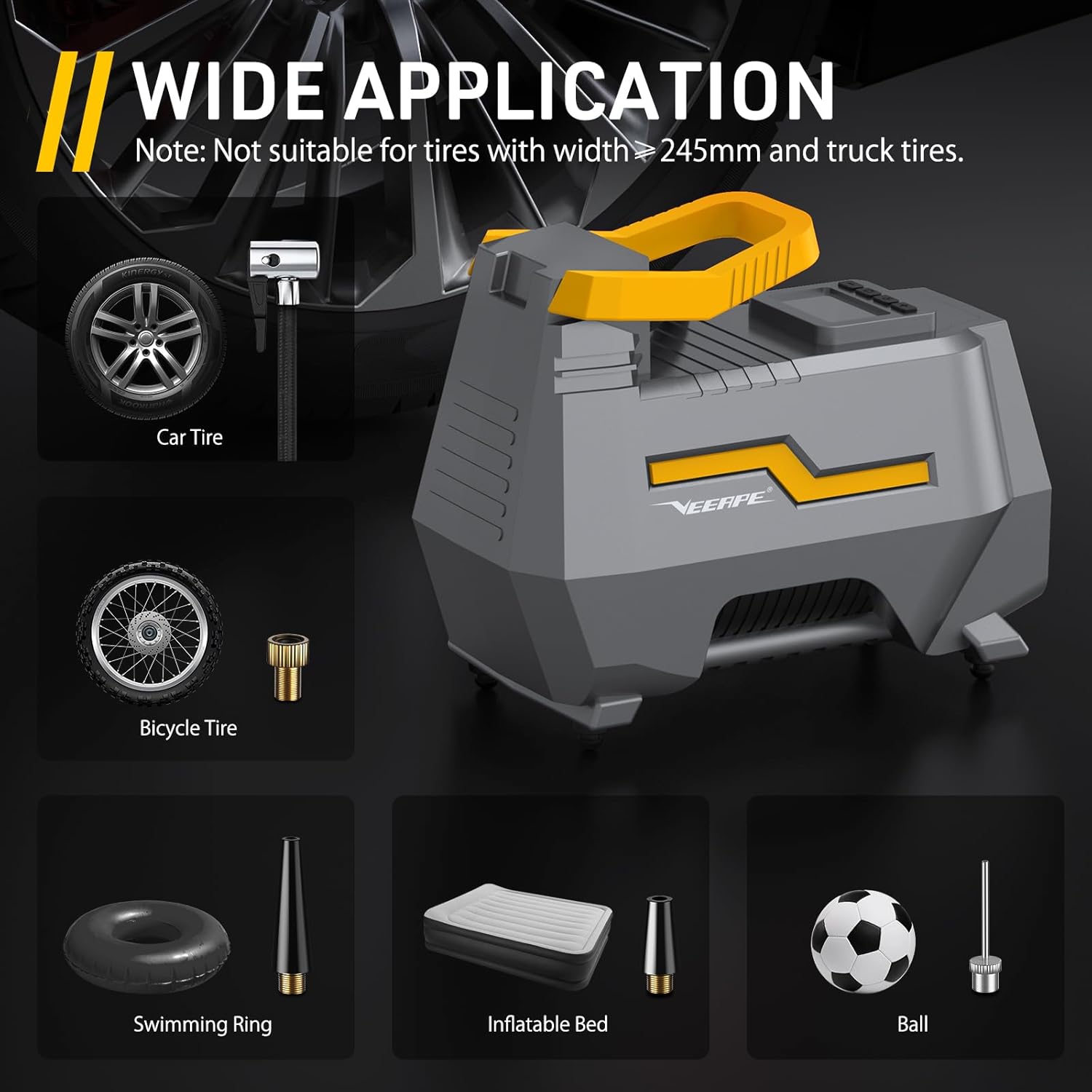 VEEAPE Air Compressor, 220 V 12 V 150 PSI AC DC Dual Power Supply Car Tire Pump for Bicycle Motorcycle Ball with LED Light Adapter Kit Nozzle Presta Valve Cables - Image 4