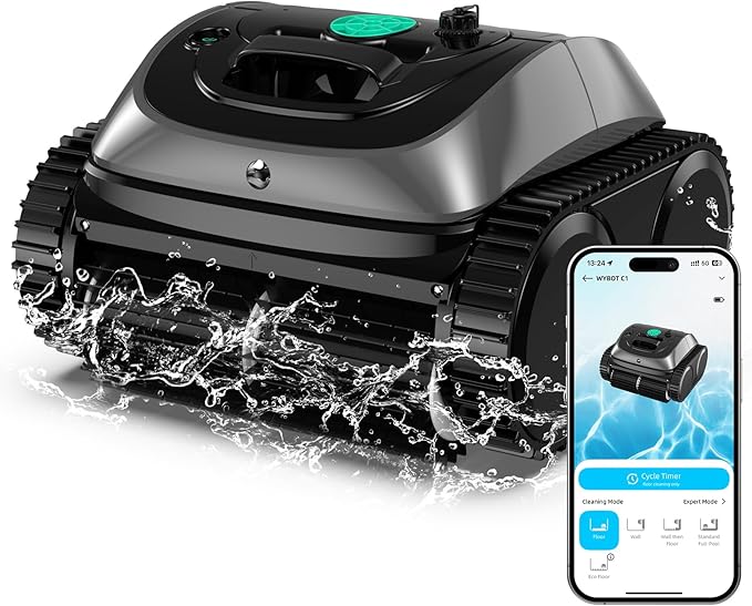 WYBOT C1 pool robot with battery intelligent route planning, fully automatic pool cleaner floor, waterline, and wall cleaning, powerful triple motor runs for 150 minutes, 150 ㎡ grey