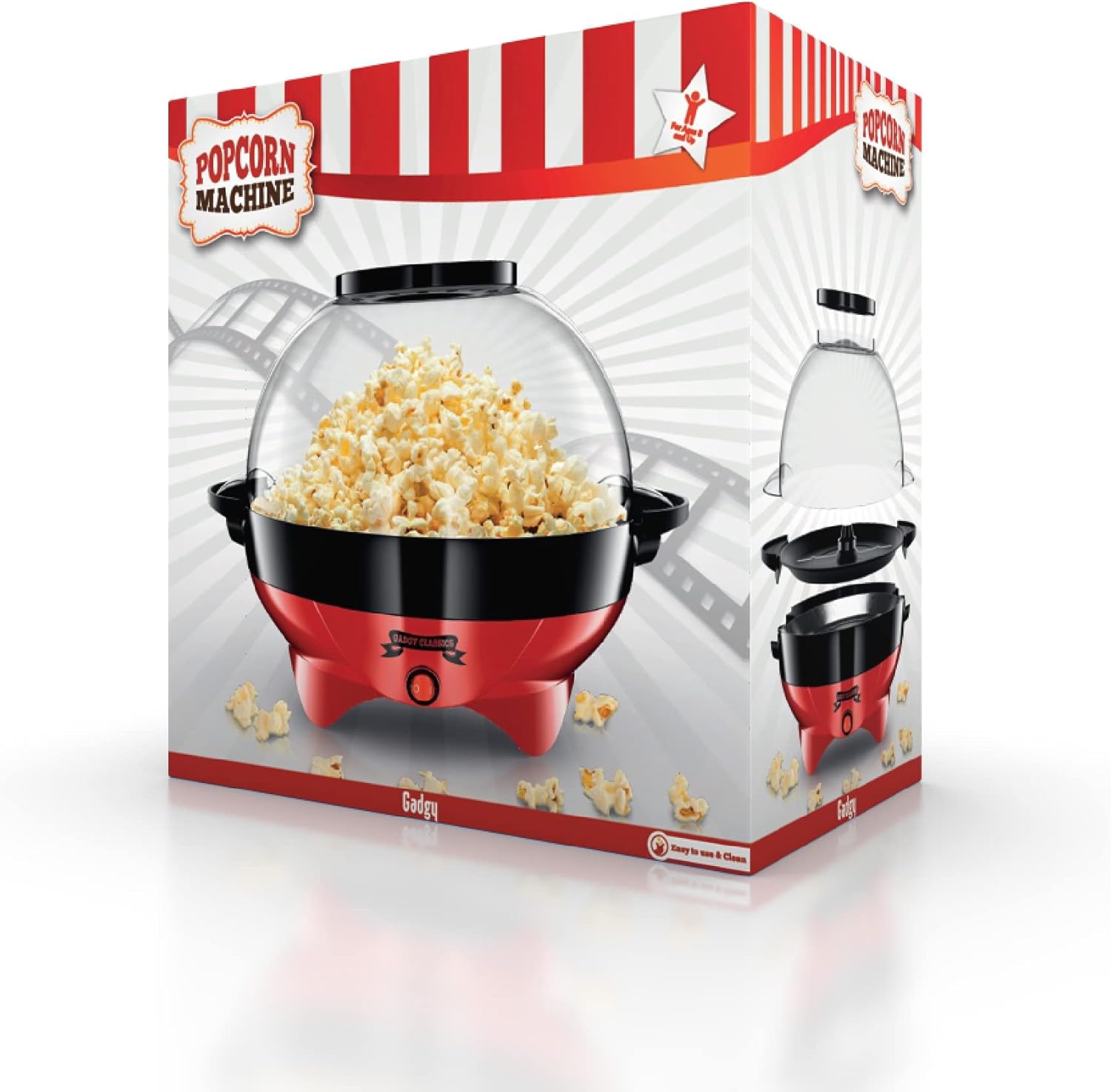 Gadgy Popcorn Machine Large - Retro Popcorn Maker 5 L - Popcorn Maker with Non-Stick Coating and Removable Heating Surface - Popcorn Machine Red - Popcorn Machine 800 W - Popcorn Machine